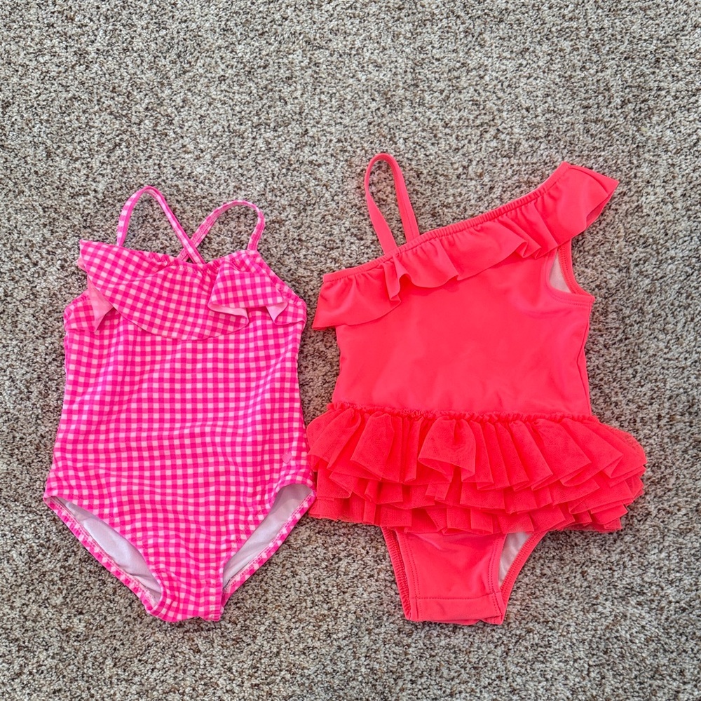 Girls' Pink Gingham & Coral Ruffle One-Piece Swimsuits - Set of 2 - Picture 1 of 4